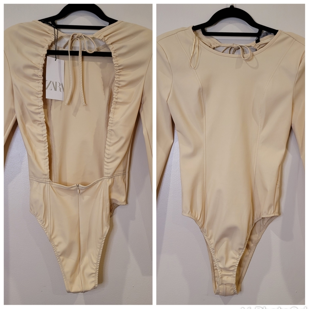 NEW ZARA faux leather look nude open back long sleeve bodysuit size small - Picture 4 of 16